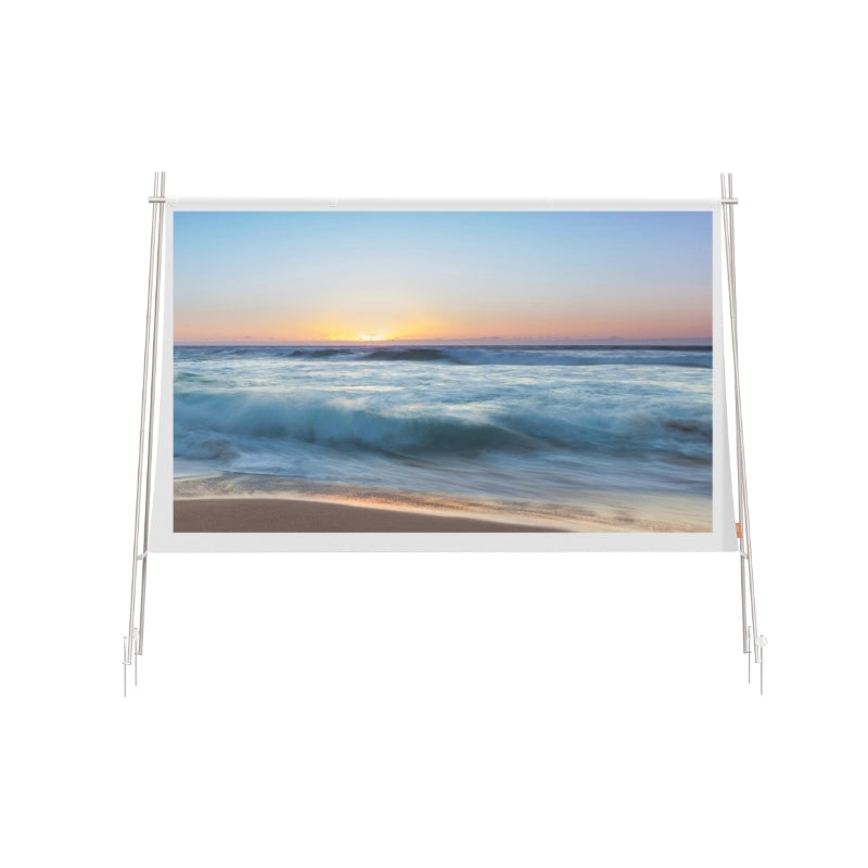 XGIMI 70-inch portable projection screen displaying beach sunset, lightweight aluminum frame for outdoor use.