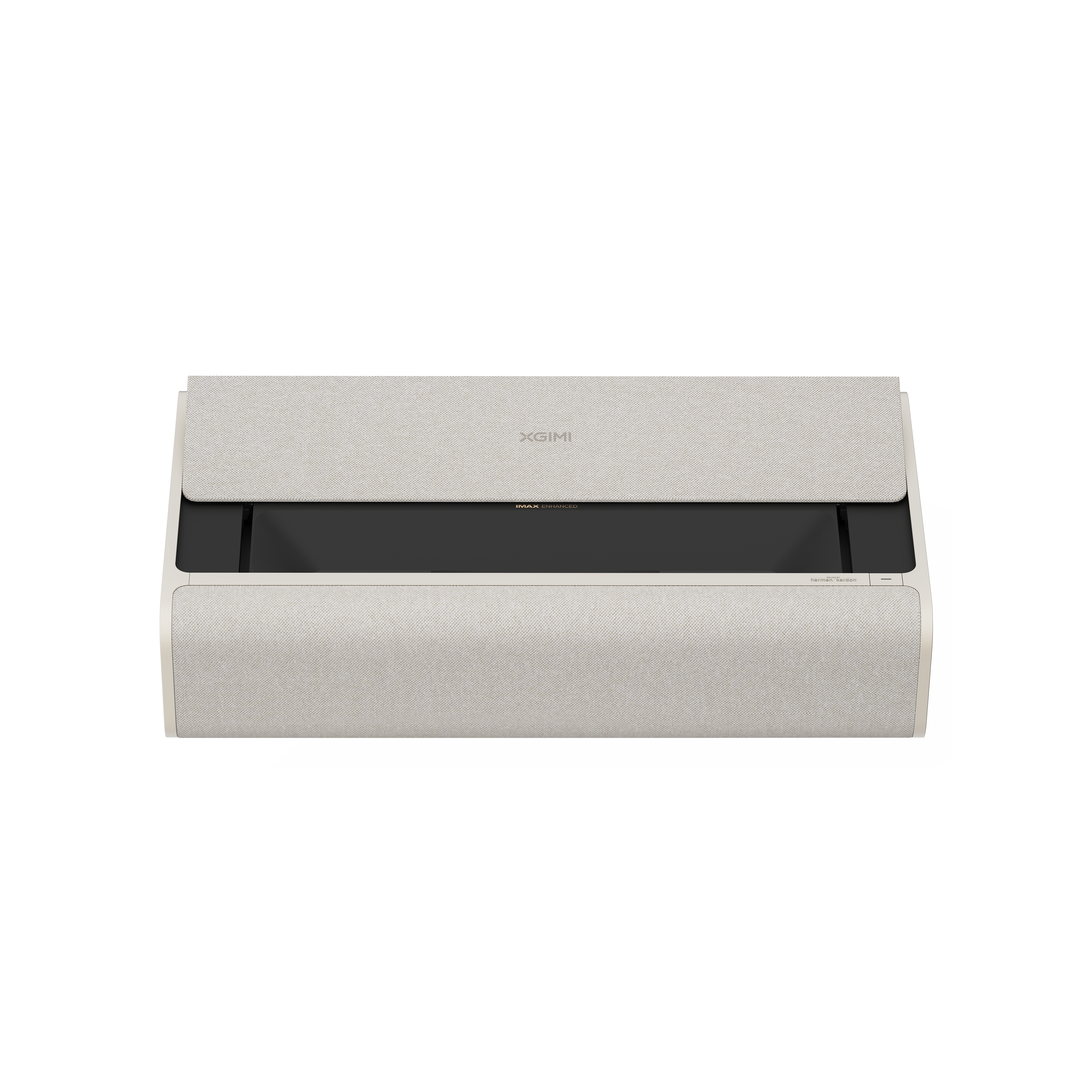 XGIMI AURA 2 projector in light beige fabric with minimalist design and black lens area, displayed for product appearance.