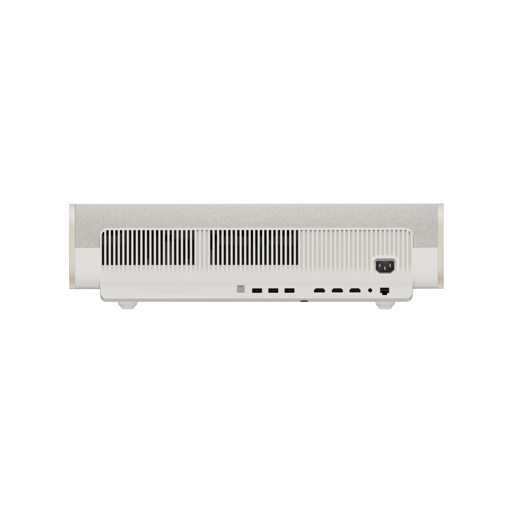 XGIMI AURA 2 projector rear view, light beige fabric, showing ports and vents for connectivity.